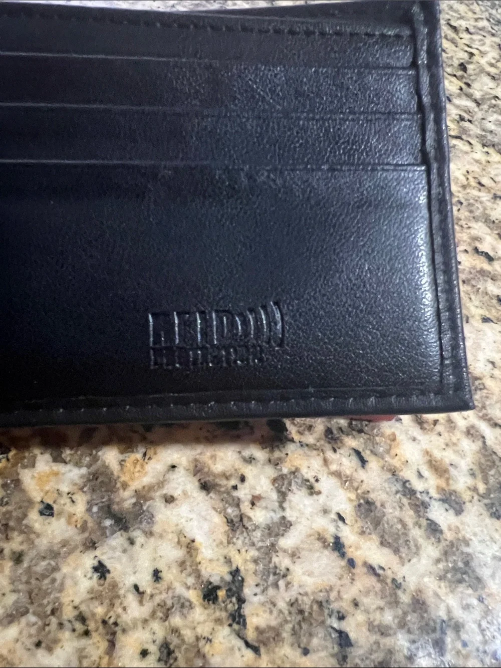#2580**True Religion Black Leather Bifold Wallet with Red Stitching